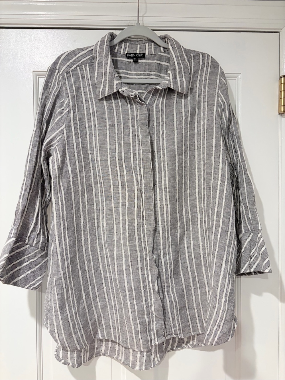 Boho Chic XL 100% Linen Gray White Striped Oversized Button Down Shirt